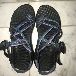 Blue and purple Chacos